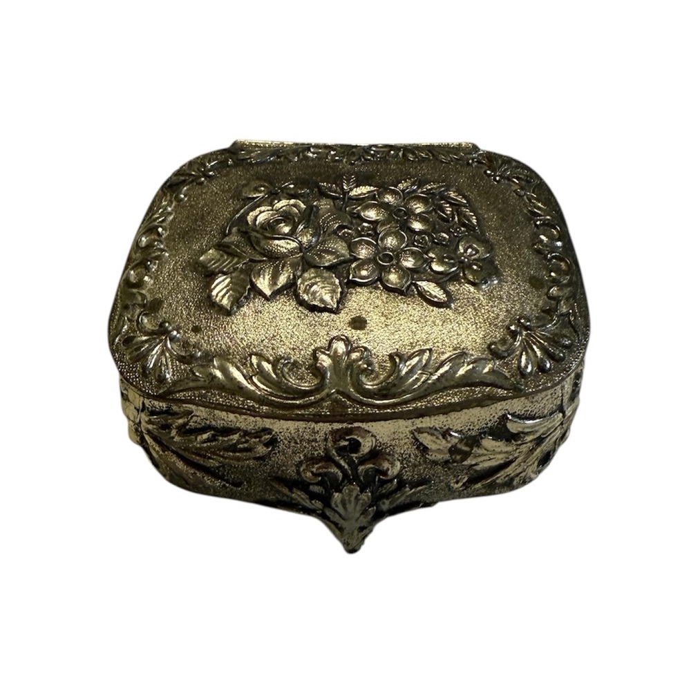 Vintage Small Silvertone Jewelry Box Trinket Box with Red Lining 3 Footed